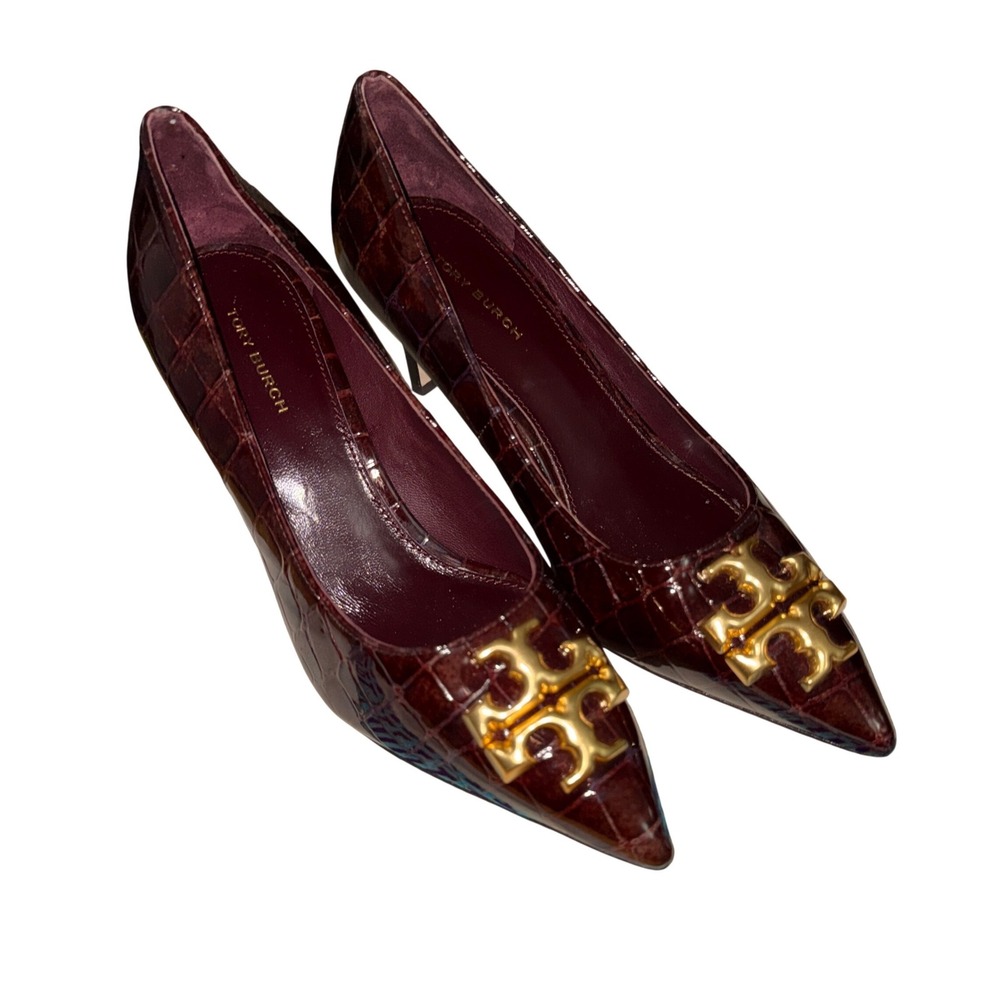 Tory Burch Eleanor Womens 6.5M Pre-Owned Heels Burgundy Croc Embossed Gold Logo